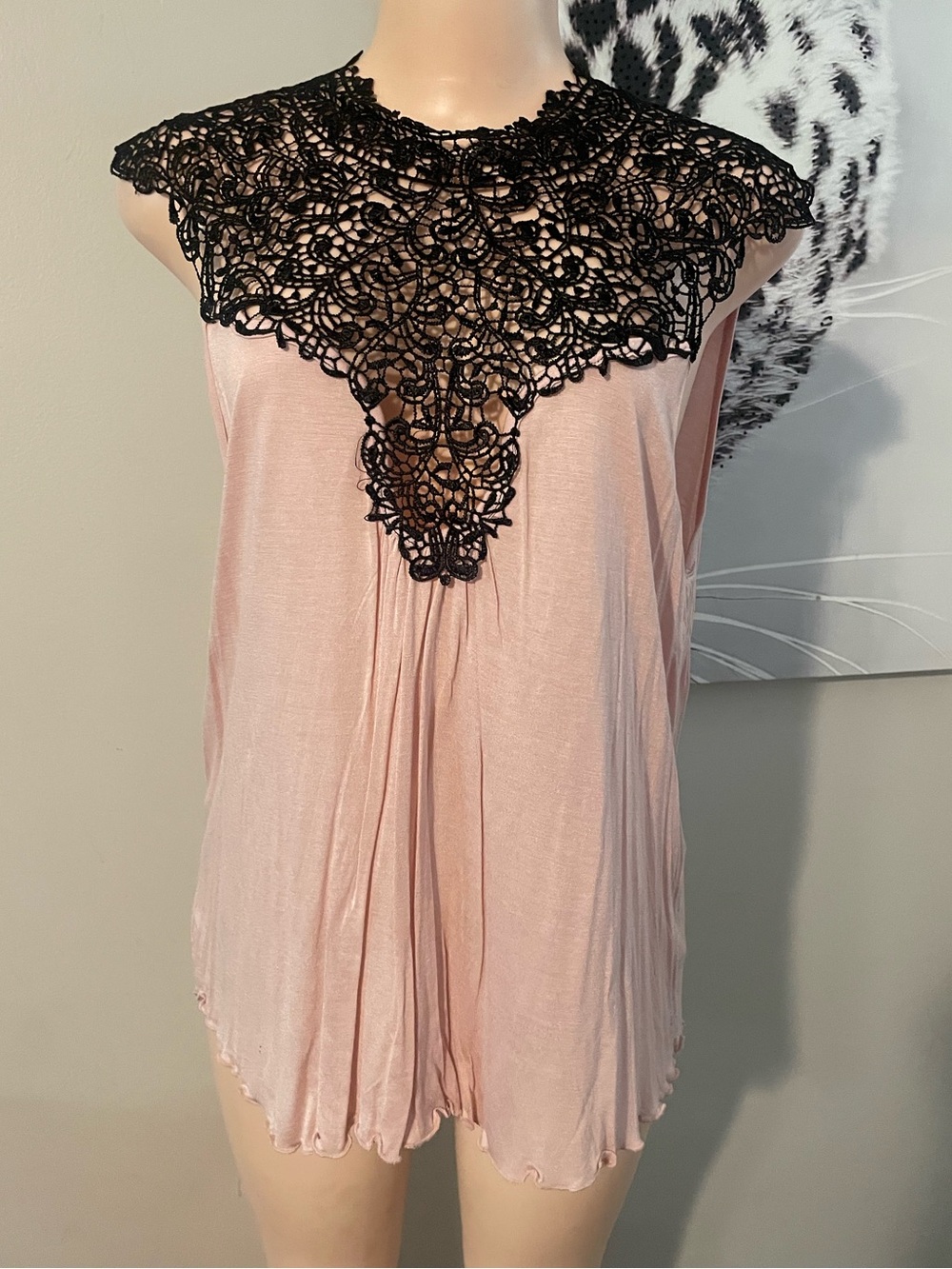 Vintage Lace Yoke Sleeveless blush Pink shirt Black Crochet lace bib detail top